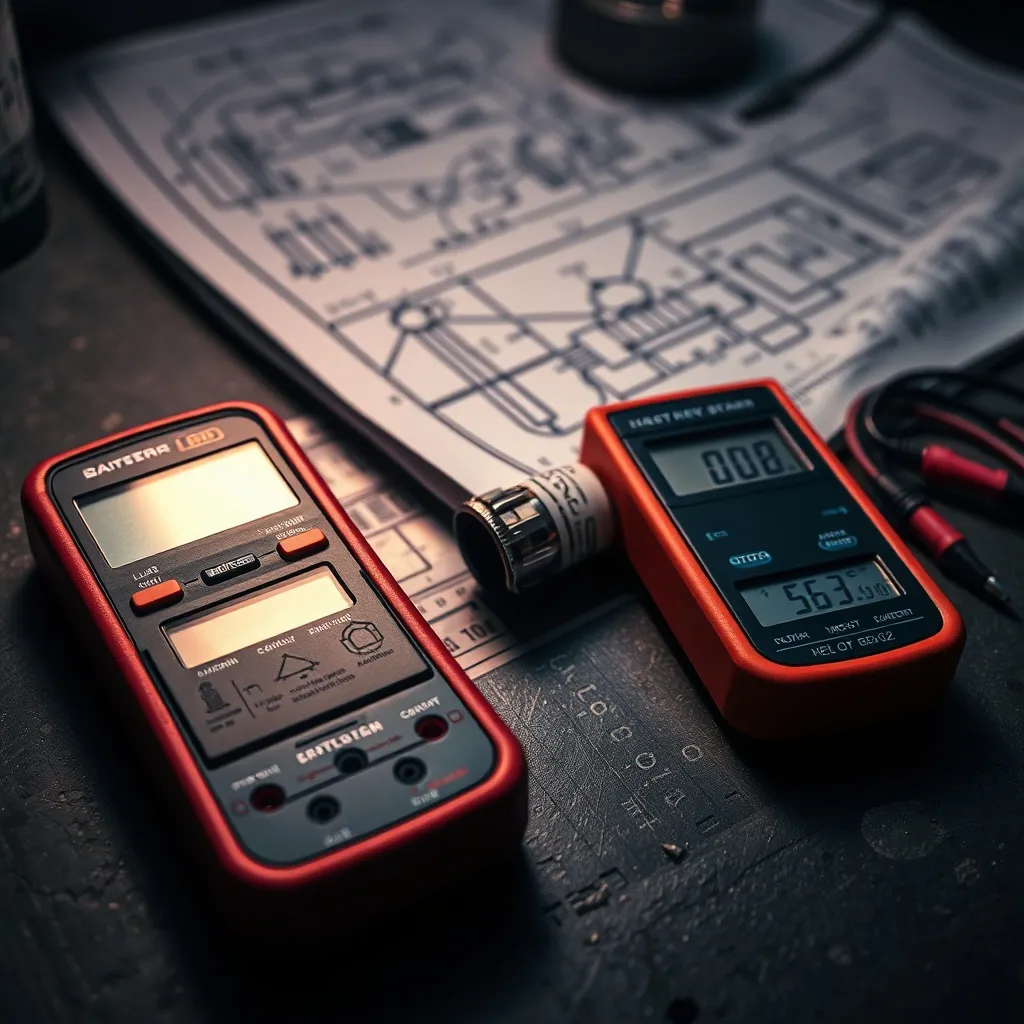 A close-up shot of technical blueprints, a digital multimete