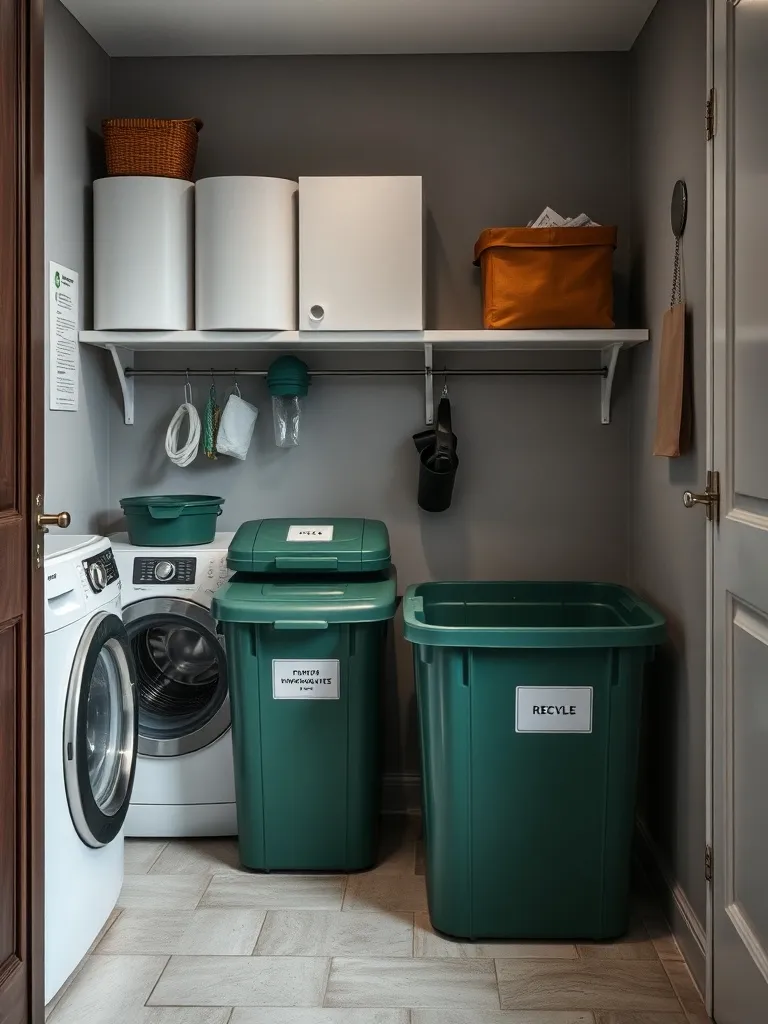 A clean, organized utility room with labeled recycling bins