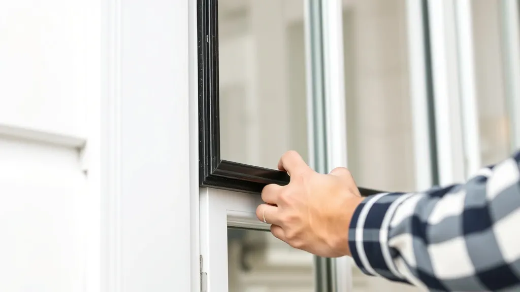 Close up of a person applying black rubber weatherstripping